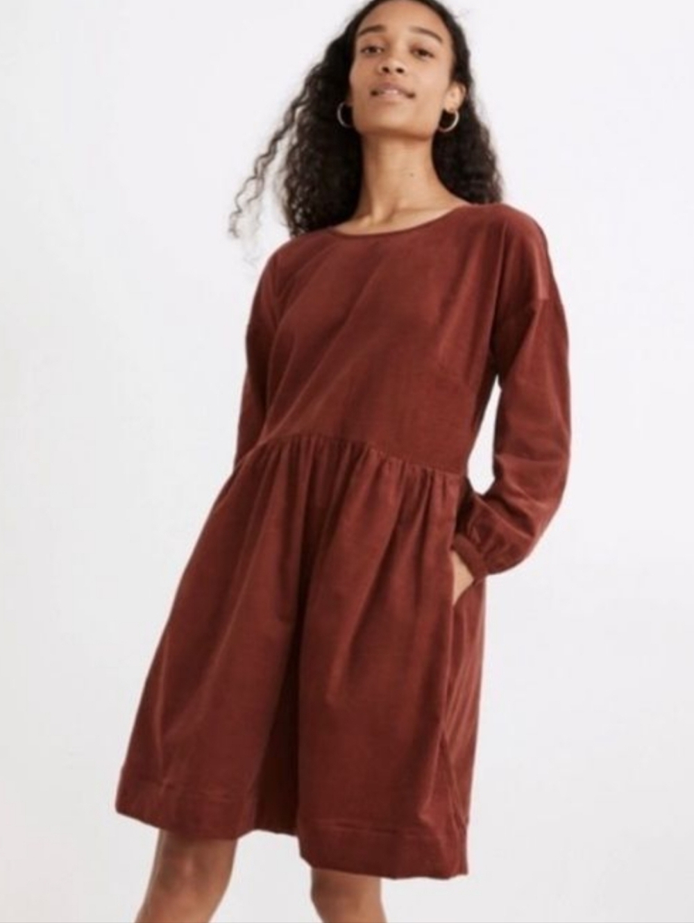 Madewell Long Sleeve Corduroy Dress in Rust Brown